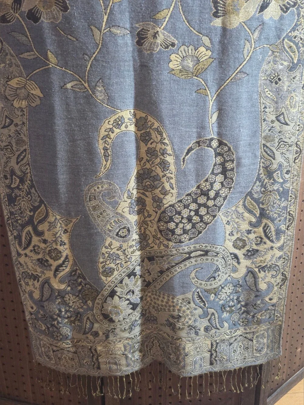 NEW Pashmina slate blue and gold jacquard paisley shawl